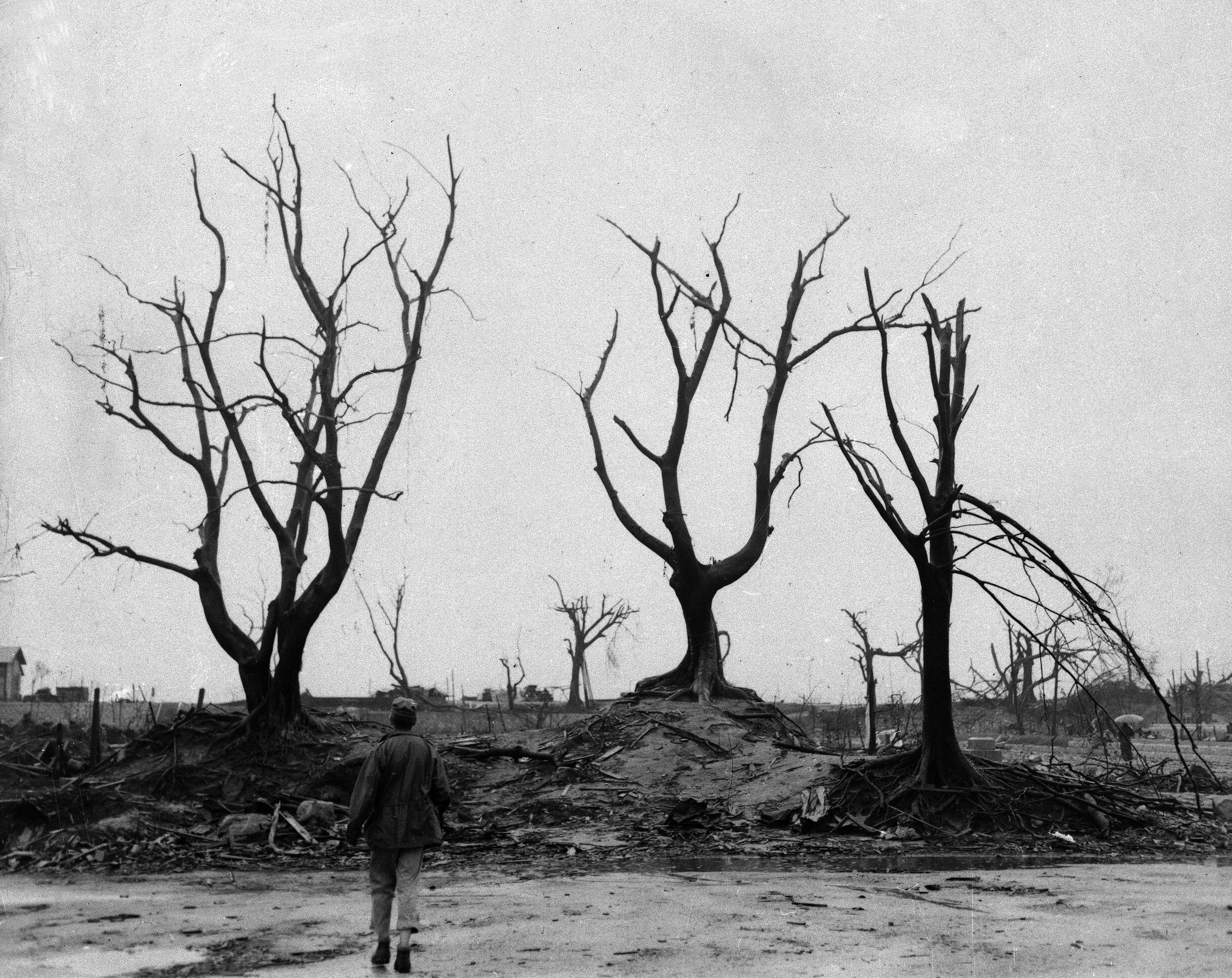Skeletons of trees dominate the landscape in Hiroshima, Sept. 8, 1945, left in ruins after the world's first atomic bomb attack