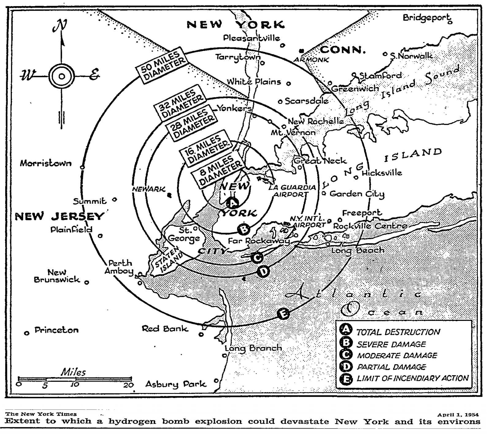 A map shows the extent to which a hydrogen bomb could devastate the New York, New Jersey, Connecticut tri-state area