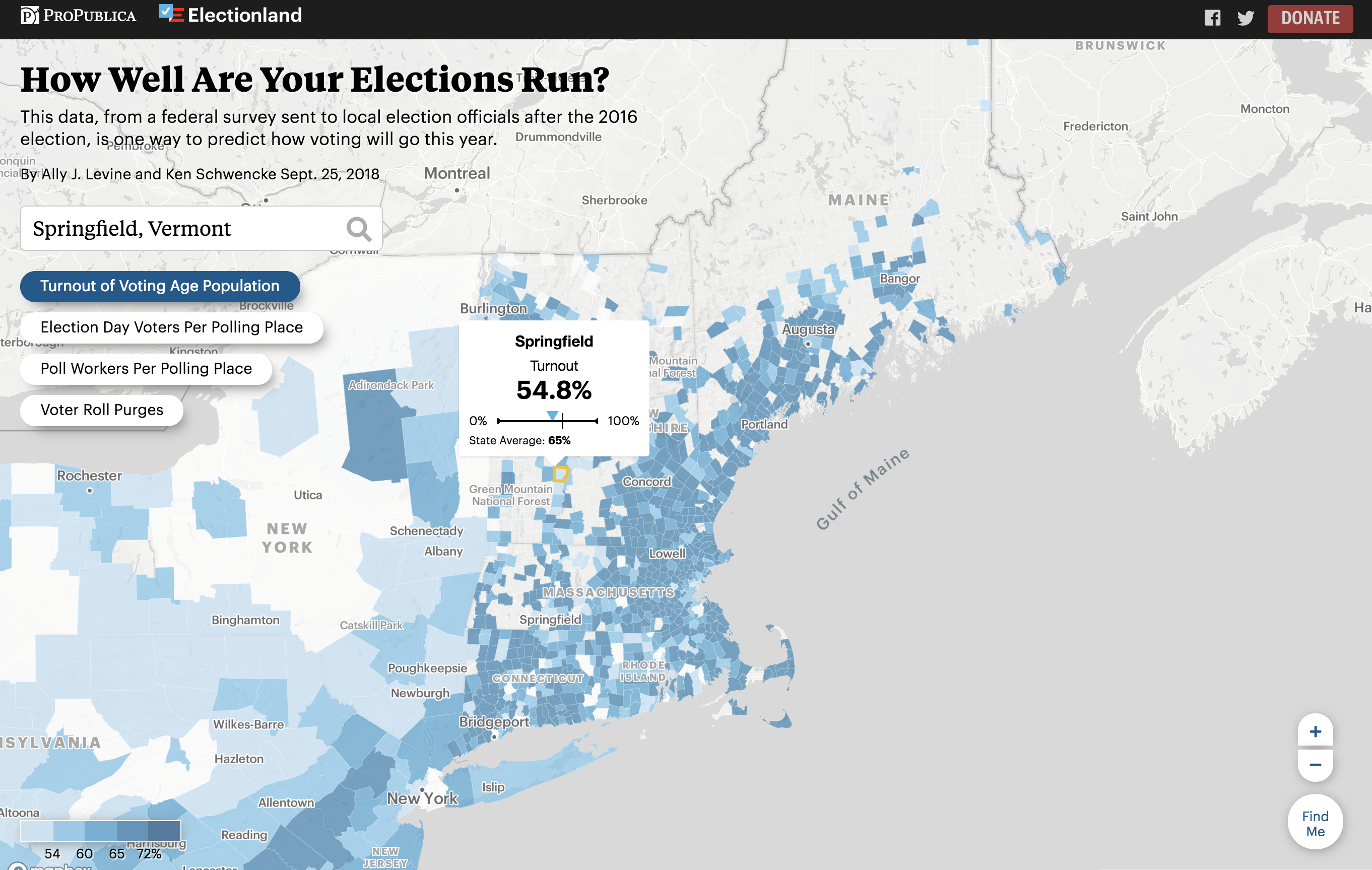 With ProPublica’s Electionland data tool “How Well Are Your Elections Run?,” voters can compare voter turnout in their county to others within their state or around the nation 