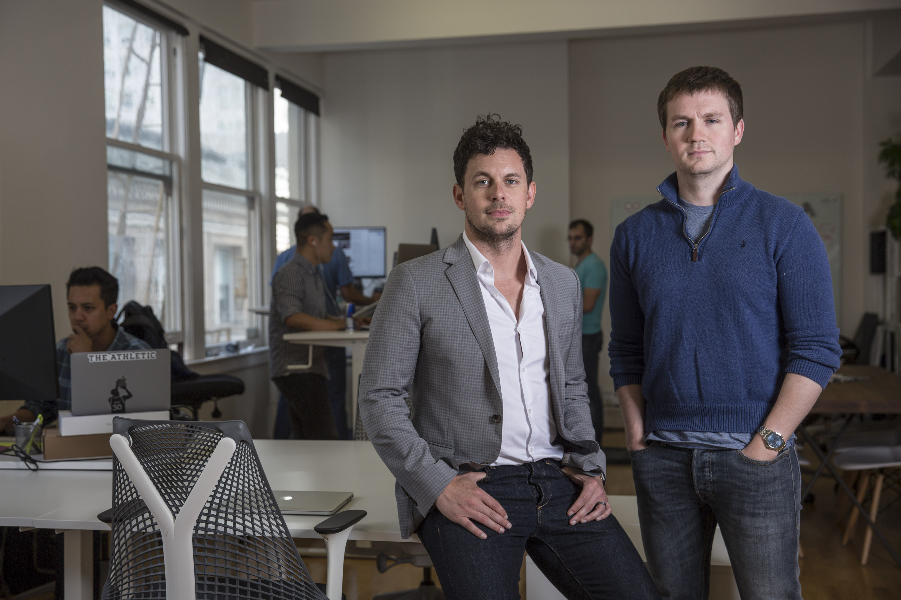 Alex Mather, left, and Adam Hansmann, co-founders of the The Athletic, at their subscription-based sports news website offices in San Francisco in 2017