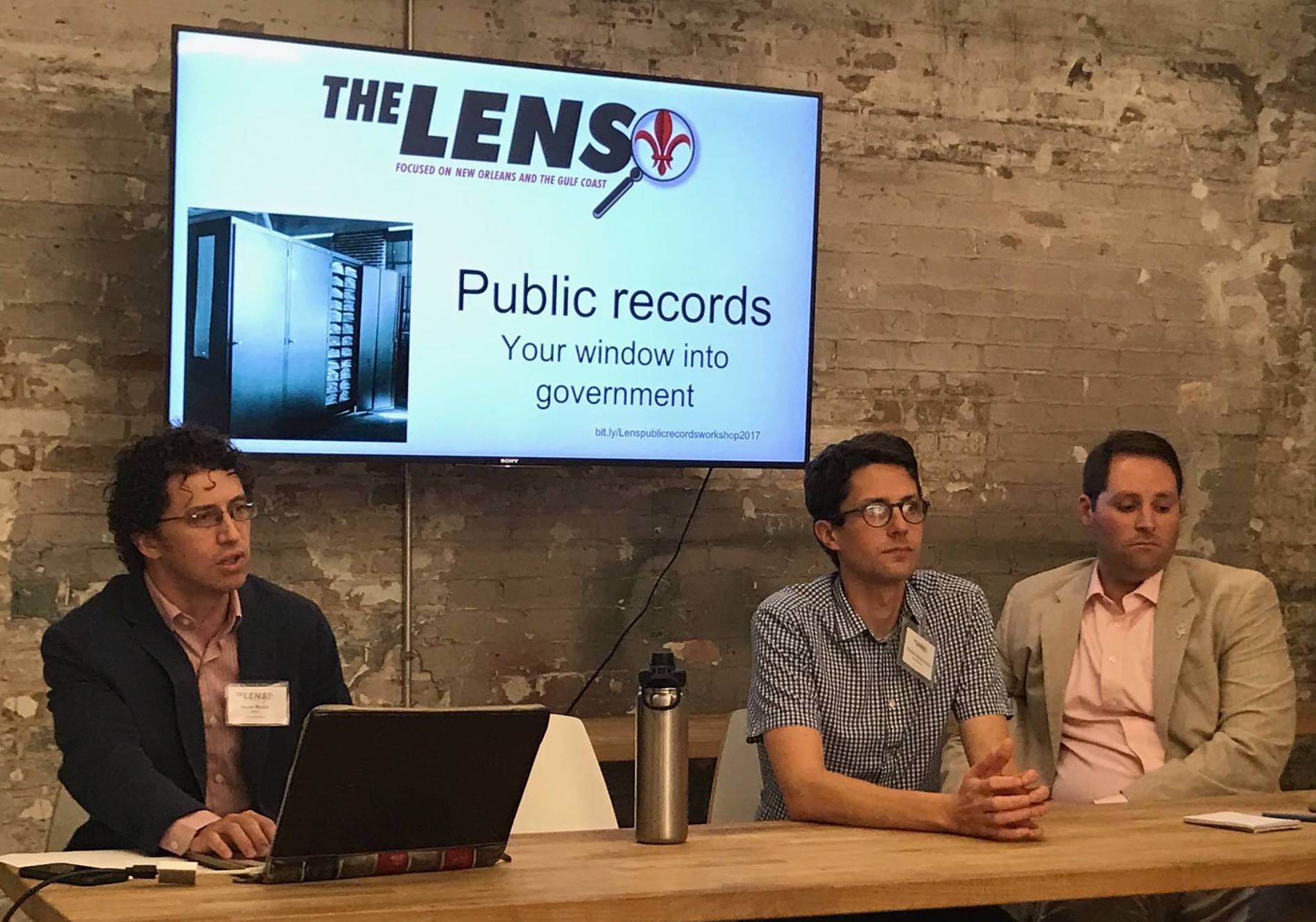 Editor Steve Myers (left) leads a public records workshop, hosted by The Lens, with reporter Charles Maldonado and lawyer Scott Sternberg