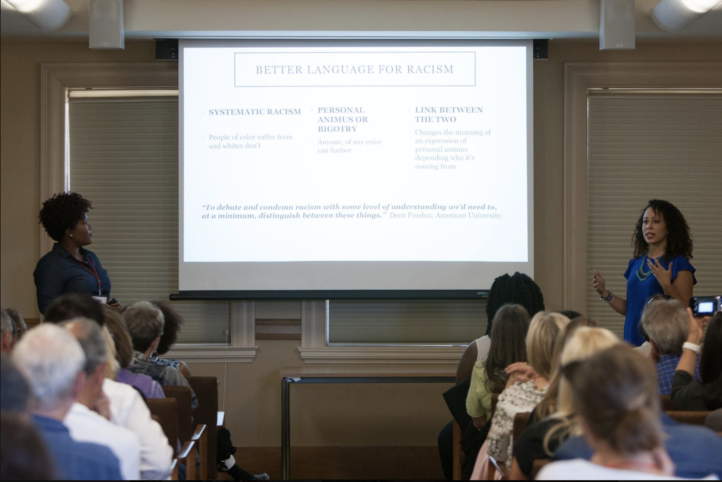 While a Knight Journalism Fellow at Stanford, Tonya Mosley (left) helped create an interactive implicit bias workshop for journalists, which she leads with fellow Knight Fellow Jenée Desmond-Harris. Here, they present their workshop during the John S. Knight 50th Anniversary Gathering in 2016