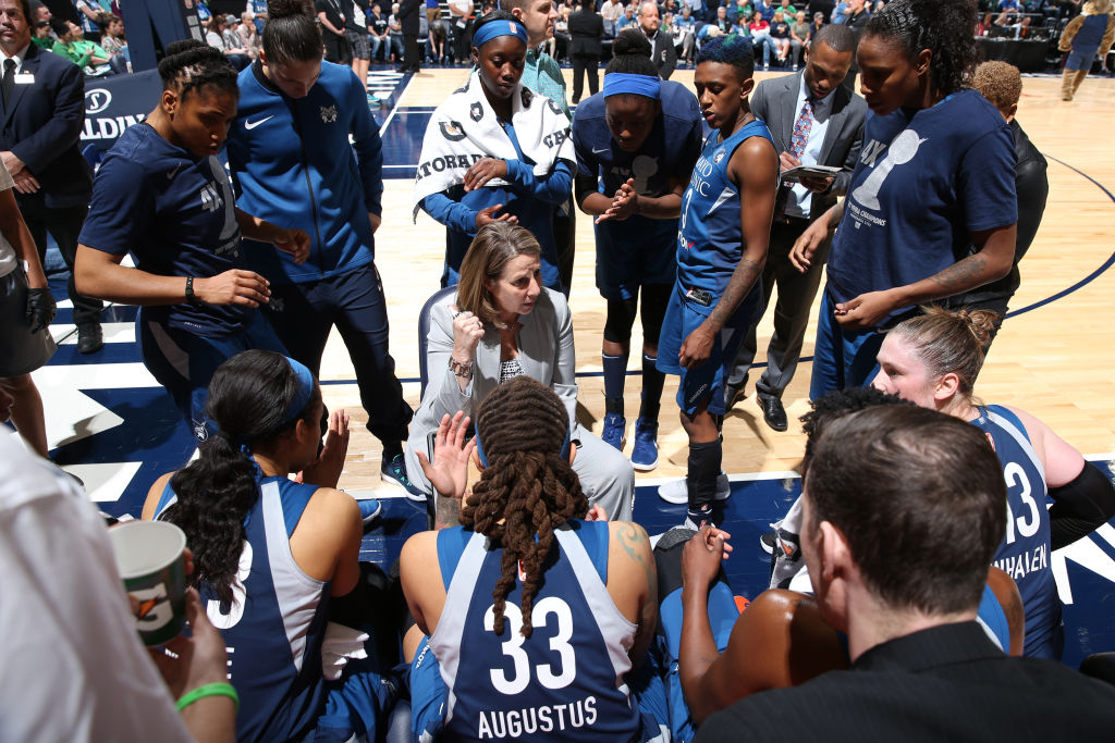 Head coach Cheryl Reeve of the Minnesota Lynx leads a huddle during the game against the Los Angeles Sparks on May 20, 2018 at Target Center in Minneapolis, Minnesota. Reeve has been outspoken in demanding better coverage for women’s sports