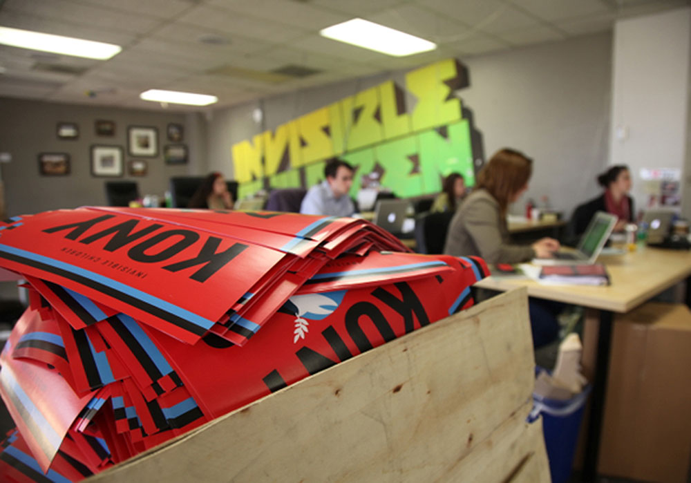 A box full to the brim with KONY 2012 campaign posters at the Invisible Children Movement offices in San Diego. The workers are monitoring the social media impact of their KONY 2012 campaign