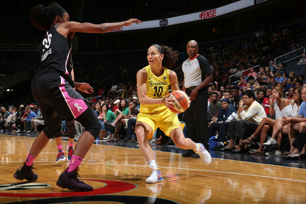 Sue Bird (#10) of the Seattle Storm handles the ball against the Washington Mystics on August 9, 2018 at the Capital One Arena in Washington, DC 