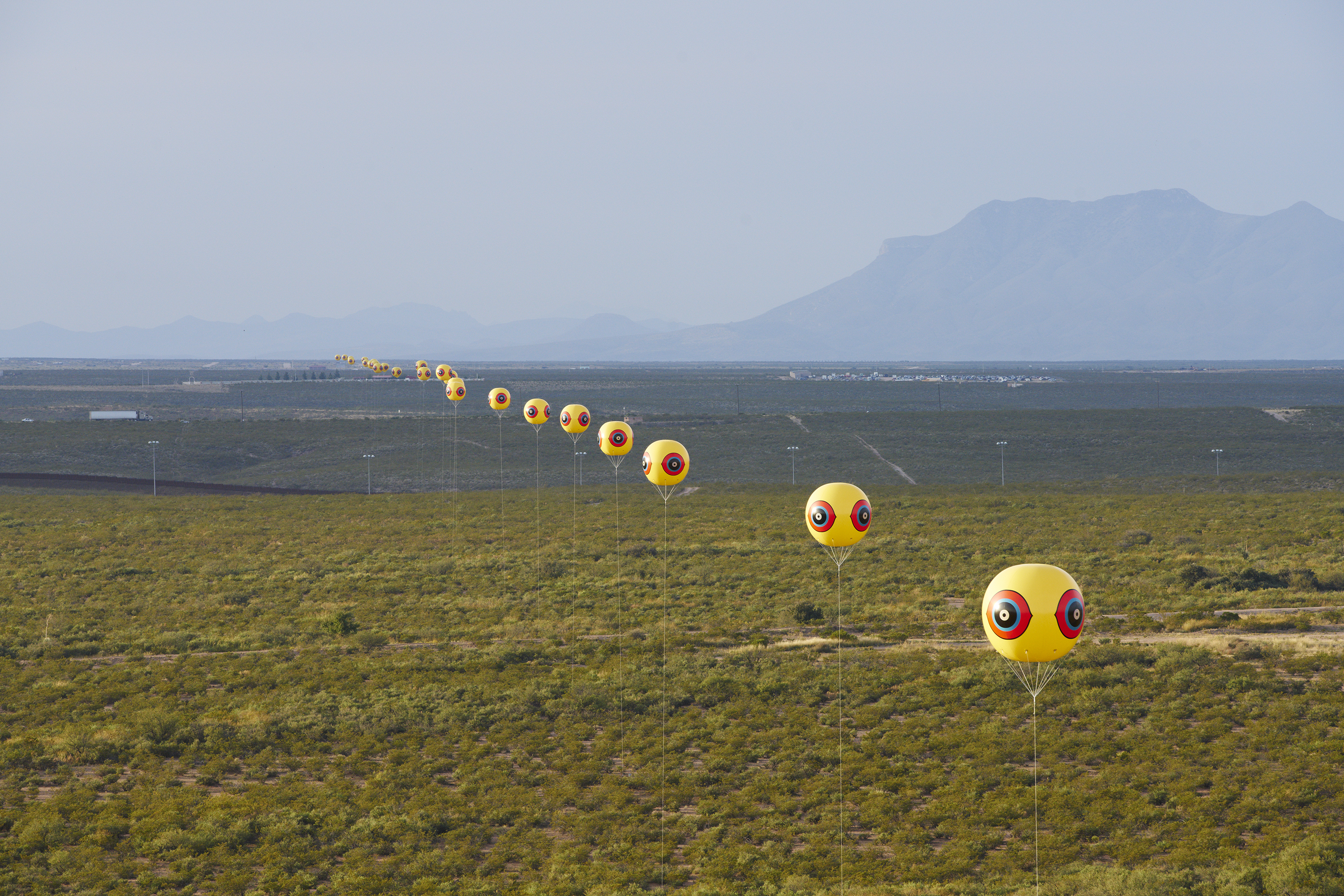 In a survey of art critics and writers about the priorities and pressures of their work, the art collective Postcommodity was mentioned by survey respondents when asked to name artists they believed were worthy of championing. Shown here is a view of Postcommodity’s “Repellent Fence,” (“Valla Repelente”), which was installed across the U.S./Mexico border in 2015 near Douglas, Arizona