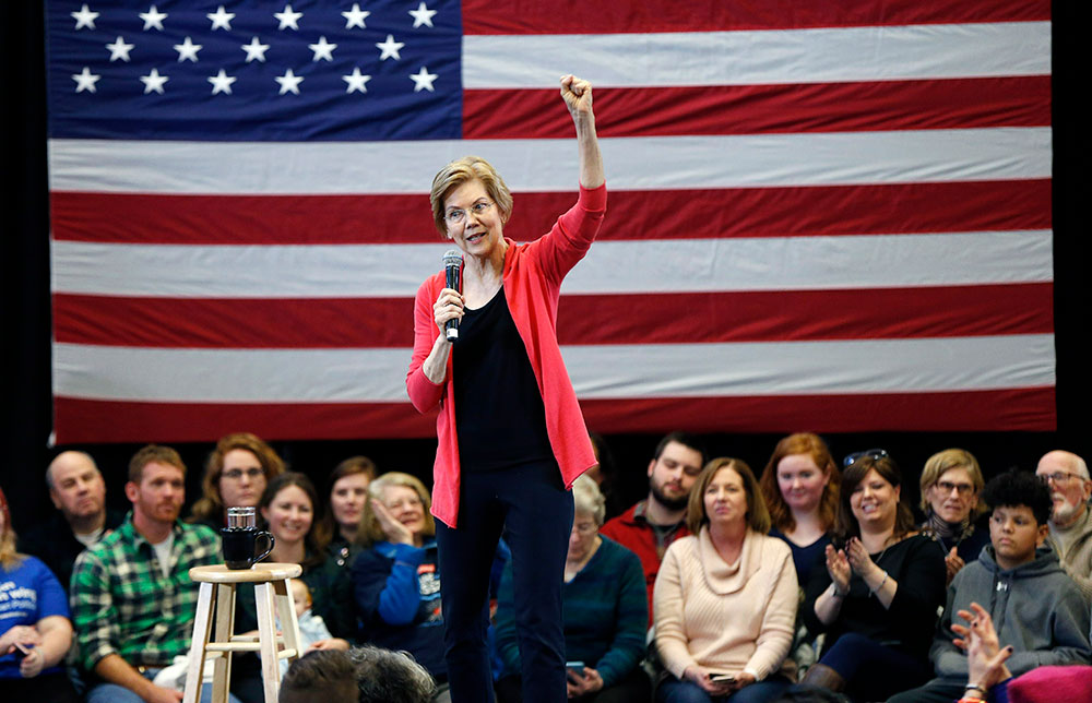Sen. Elizabeth Warren, D-Mass., speaks during an organizing event at Manchester Community College in Manchester, N.H. in January 2019. At the end of December 2018 Warren announced that she had formally launched an exploratory committee for a 2020 presidential bid