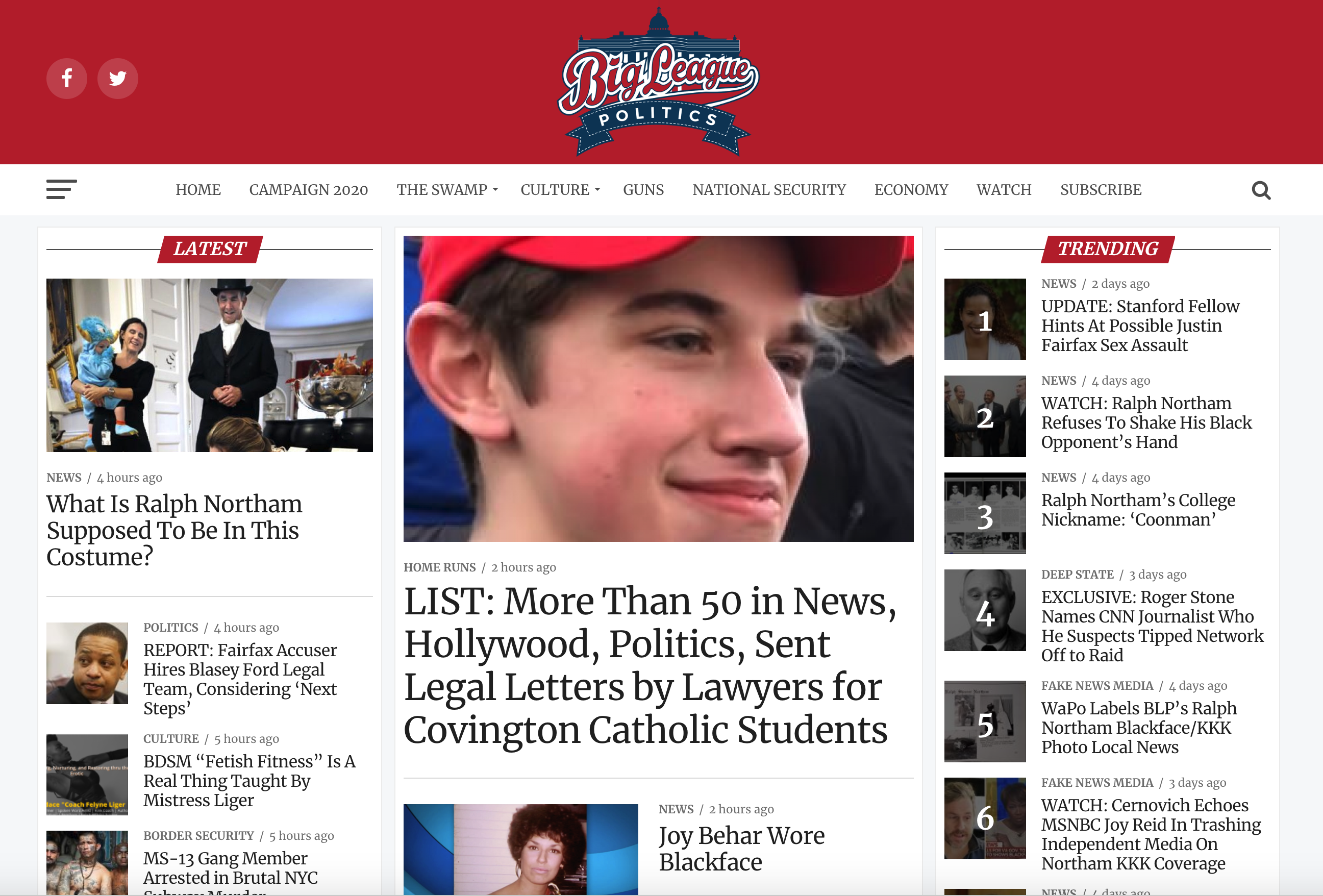 The homepage of Big League Politics on February 5, 2019. The hyper-partisan website was the first to publish unverified sexual assault allegations against Lt. Gov. of Virginia Justin Fairfax