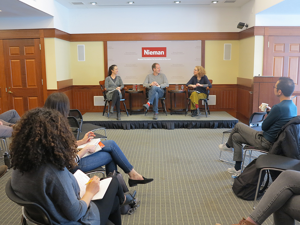 From left: 2019 Nieman Fellow Francesca Panetta, RadioPublic co-founder Jake Shapiro, and Radiotopia's Julia Shapiro discuss the podcast industry during a seminar at the Nieman Foundation