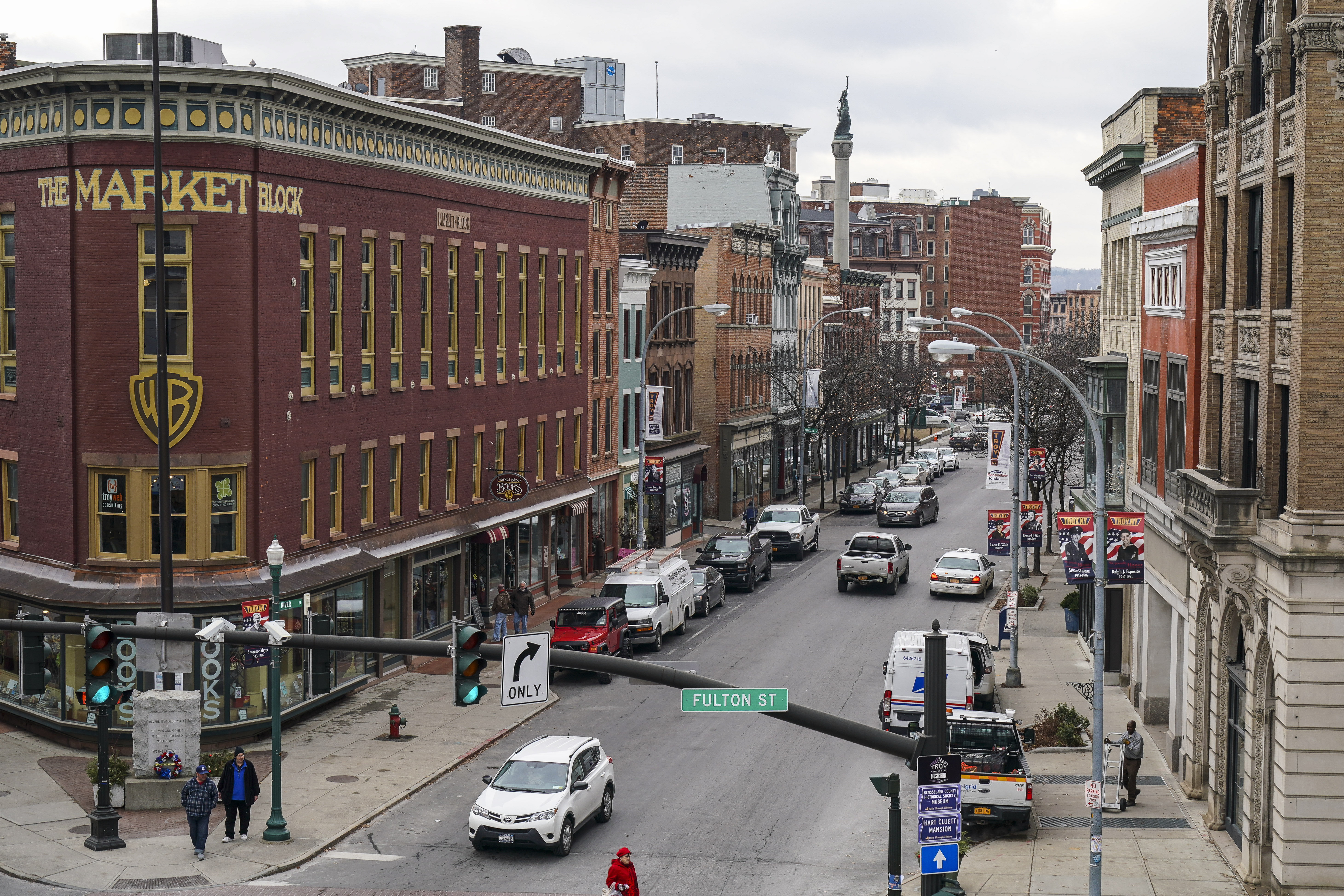 A view of downtown Troy, New York, where the Sanctuary for Independent Media serves the city of about 50,000 with a low-power FM hyperlocal news show, "Hudson Mohawk Magazine"