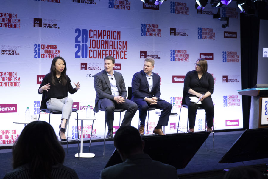 Amanda Terkel of HuffPost speaks on a panel at 2020  Campaign Journalism Conference in Chicago with Ben Smith, left, of BuzzFeed News, Sam Feist of CNN, and Margaret Talev of Bloomberg