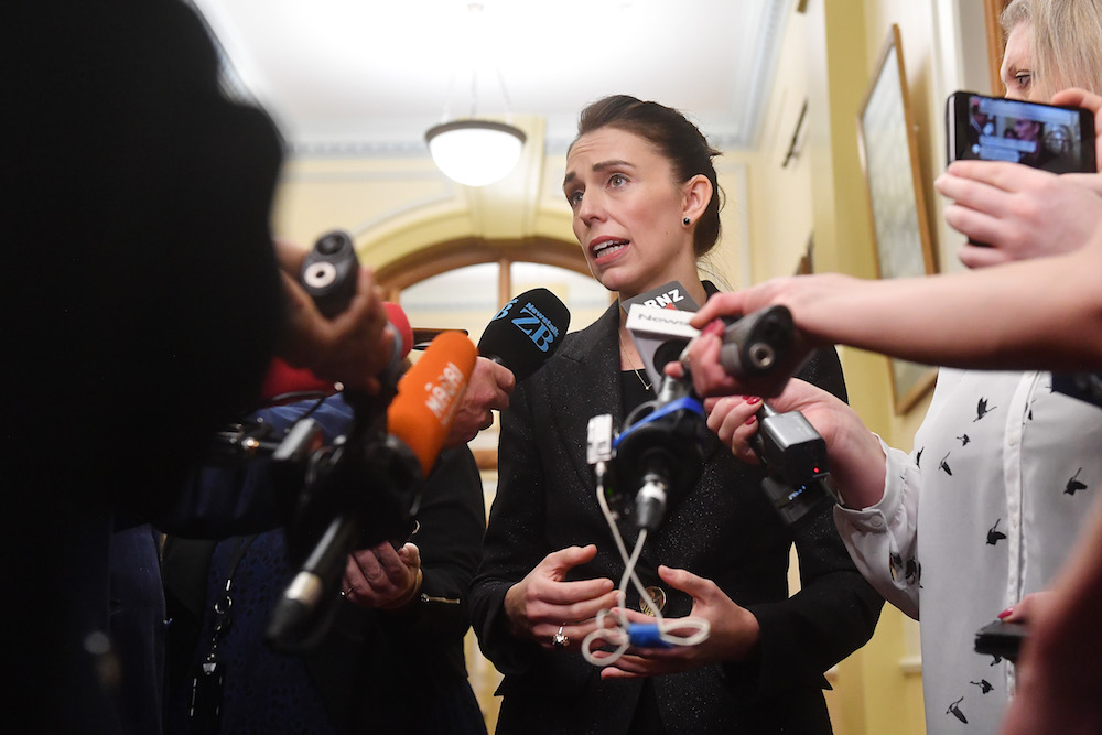 New Zealand Prime Minister Jacinda Ardern, shown here speaking to news media at Parliament, stated she would not name the man who killed 51 in the March 2019 mass shooting 