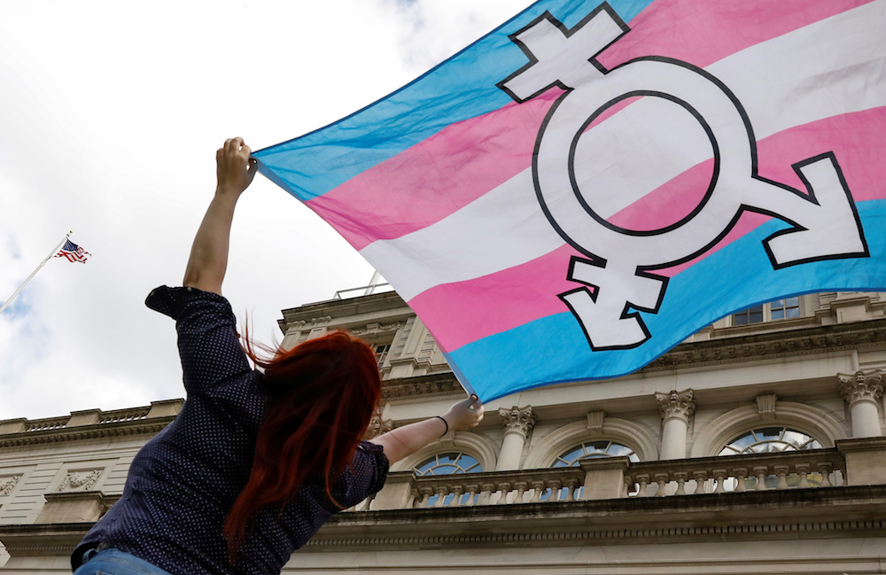 A person holds up a flag during a rally for transgender rights in front of City Hall in New York City
in October 2018