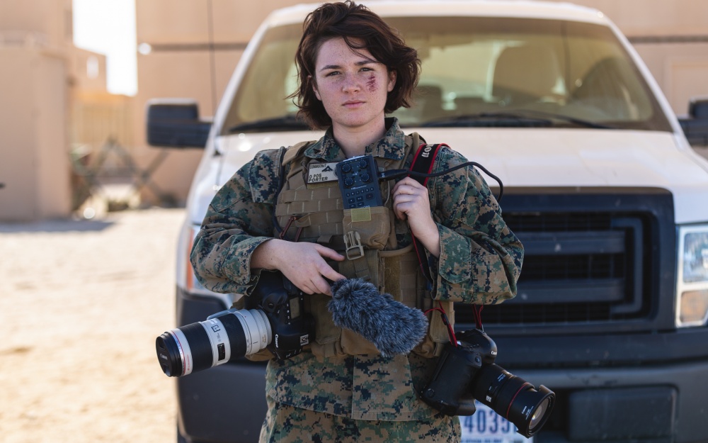 U.S. Marine Corps Lance Cpl. Raychel Young-Porter, a combat photographer, at a training at the Marine Corps Air Ground Combat Center in Twentynine Palms, California