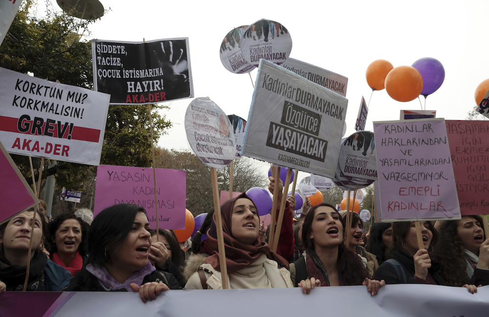 Hundreds of women gathered to protest domestic violence, sexual attacks, and discrimination in jobs and wages on International Women's Day in Ankara, Turkey in 2018
