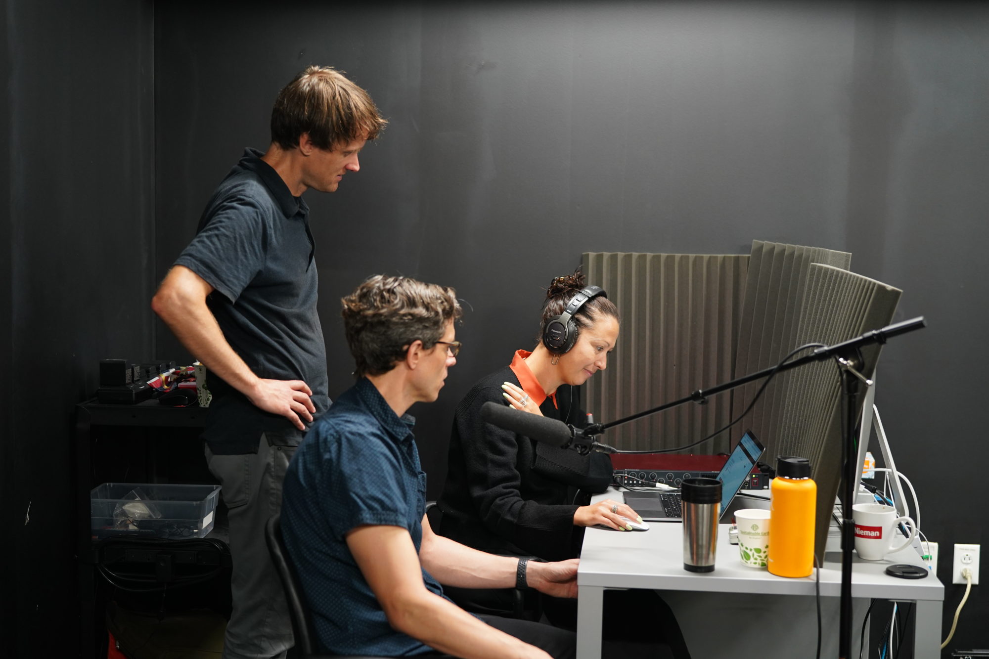 Francesca Panetta, of MIT’s Center for Advanced Virtuality, shown here with co-director Halsey Burgund and voice actor Lewis D. Wheeler (seated)—created a deepfake video about the Apollo 11 mission to offer a cautionary tale.
