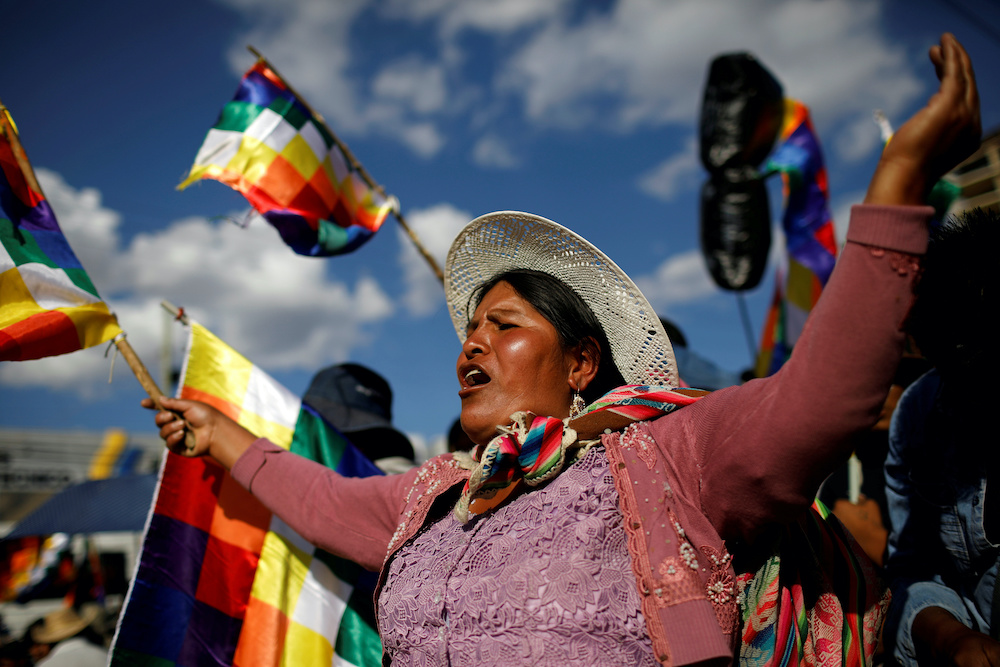A supporter of former Bolivia's President Evo Morales participates in a demonstration in Cochabamba.