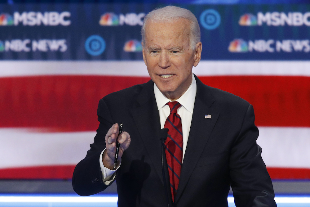 Democratic presidential candidate Joe Biden speaks during a Democratic presidential primary debate in Las Vegas in February 