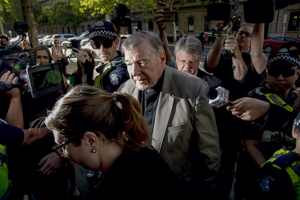 Cardinal George Pell arrives at the County Court in Melbourne, Australia in February 2019. Australia’s contempt laws suppressed information about Pell's trial in Australian media outlets