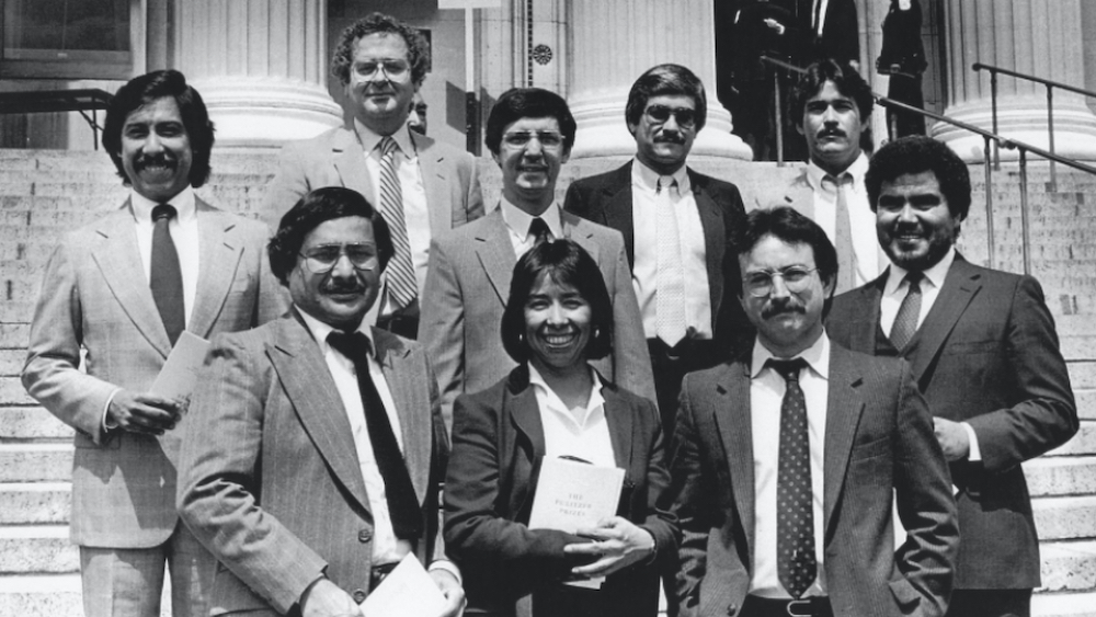 The L.A. Times team that won a Pulitzer for the landmark 1983 series “Latinos,” at the 1984 Pulitzer Prize ceremony in New York.  Bottom row, from left: David Reyes, Virginia Escalante, and Louis Sahagun. Top row, from left: George Ramos, Noel Greenwood, Frank Sotomayor (a 1986 Nieman Fellow), Frank del Olmo (a 1988 Nieman Fellow), Jose Galvez, and Robert Montemayor
