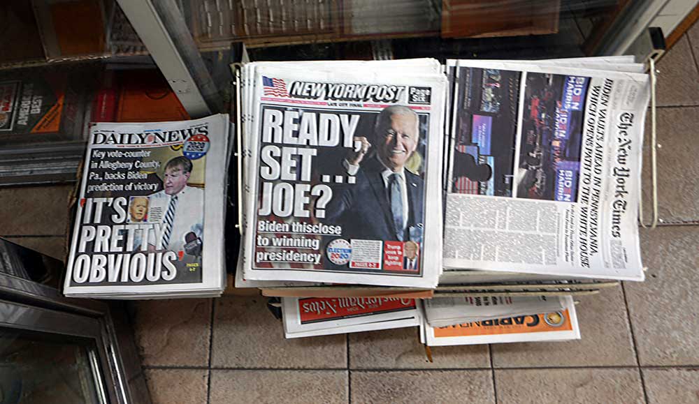 Newspaper headlines after Democratic Presidential Candidate Joe Biden won the 2020 election.