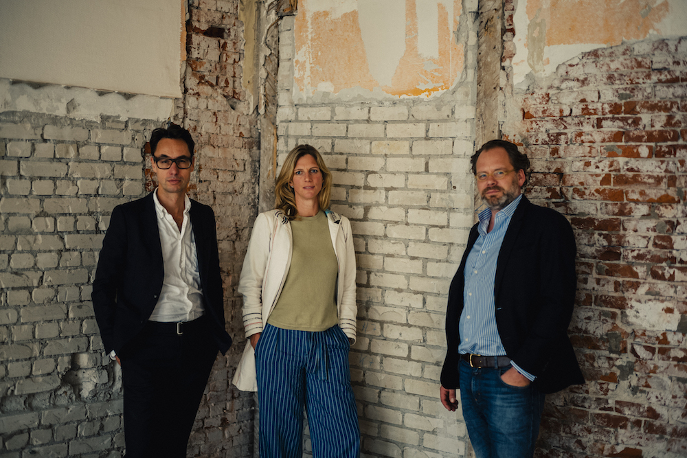 2017 Nieman Fellow Georg Diez (left), editor-in-chief of Germany’s The New Institute, with director of research Maja Göpel and executive board member Christoph Gottschalk at the Institute's future offices