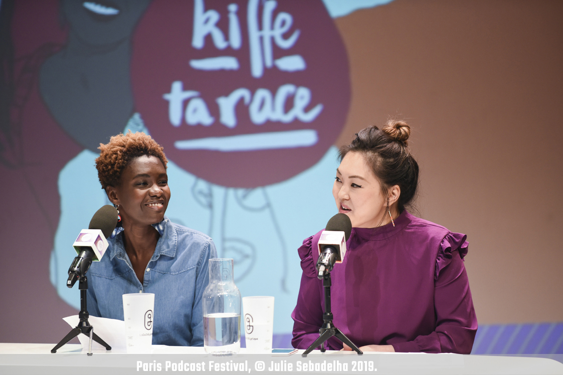Rhokaya Diallo and Grace Ly, co-hosts of the podcast "Kiffe Ta Race" (Love Your Race), at the Paris Podcast Festival in 2019. Their podcast attempts to cut through France's perception of itself as a colorblind society, analyzing the way race seeps into everyday life in the country