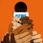 Against an orange background, seven hands hold a microphone with a label that reads "NEWS"