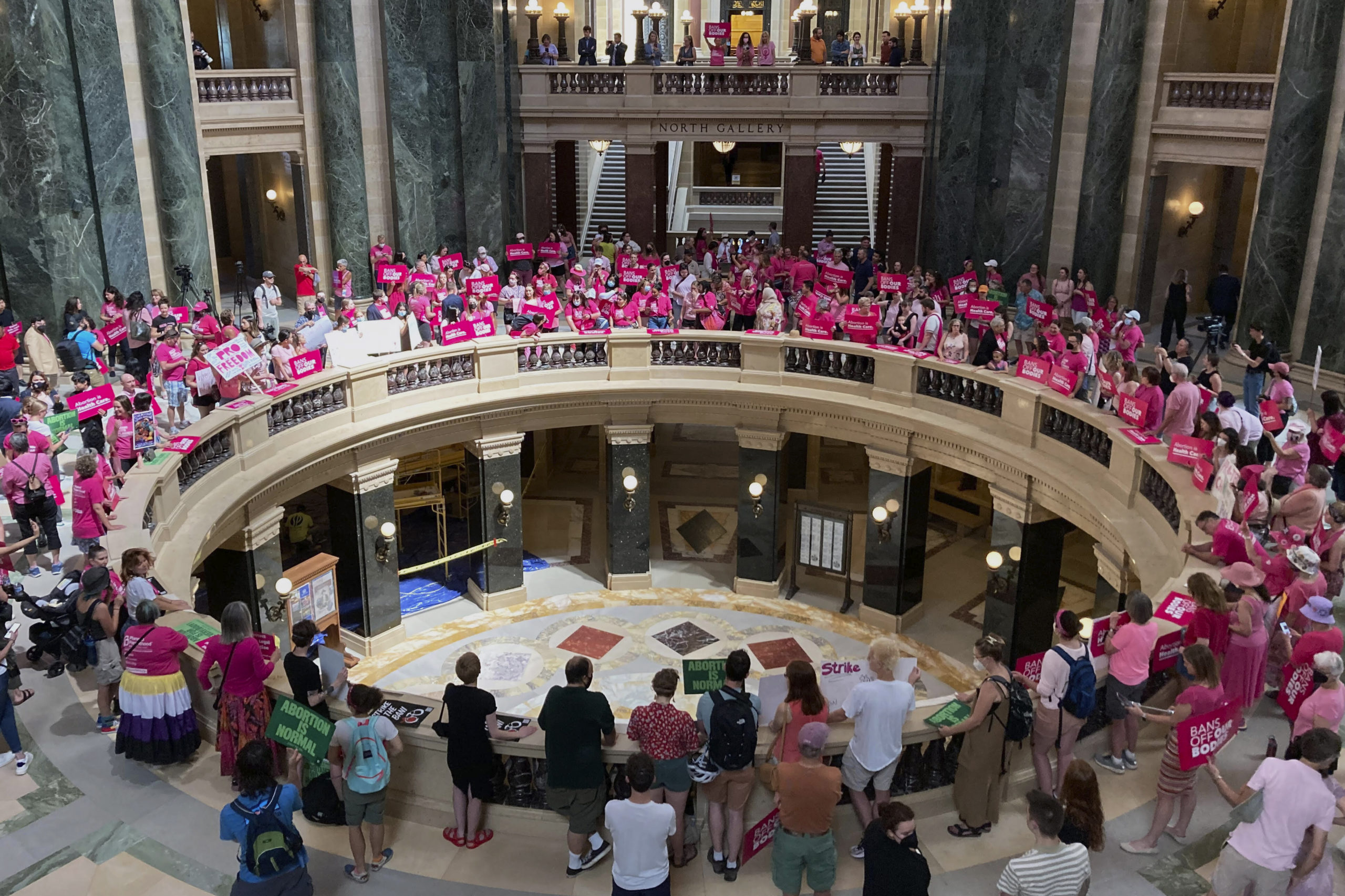 Dozens of protesters gather in the Wisconsin state Capitol rotunda in Madison, June 22, 2022, in hopes of convincing Republican lawmakers to repeal the state's 173-year-old ban on abortions. The reversal of Roe v. Wade demonstrates how state legislatures are crucial for the future of our democracy 