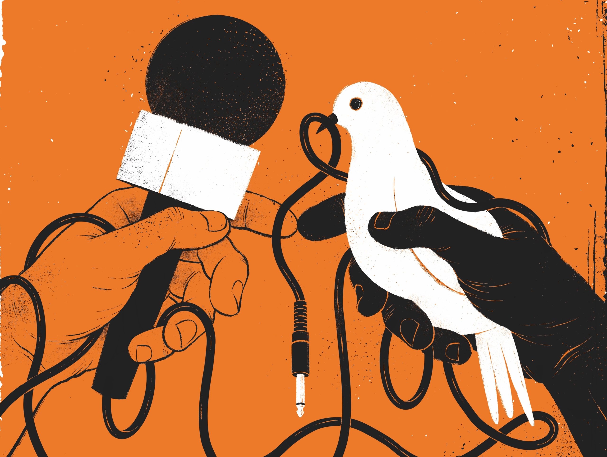 On an organze background, a black and white illustration shows two hands, the left holding a microphone and the white holding a dove, with the dove holding the microphone cord in its beak
