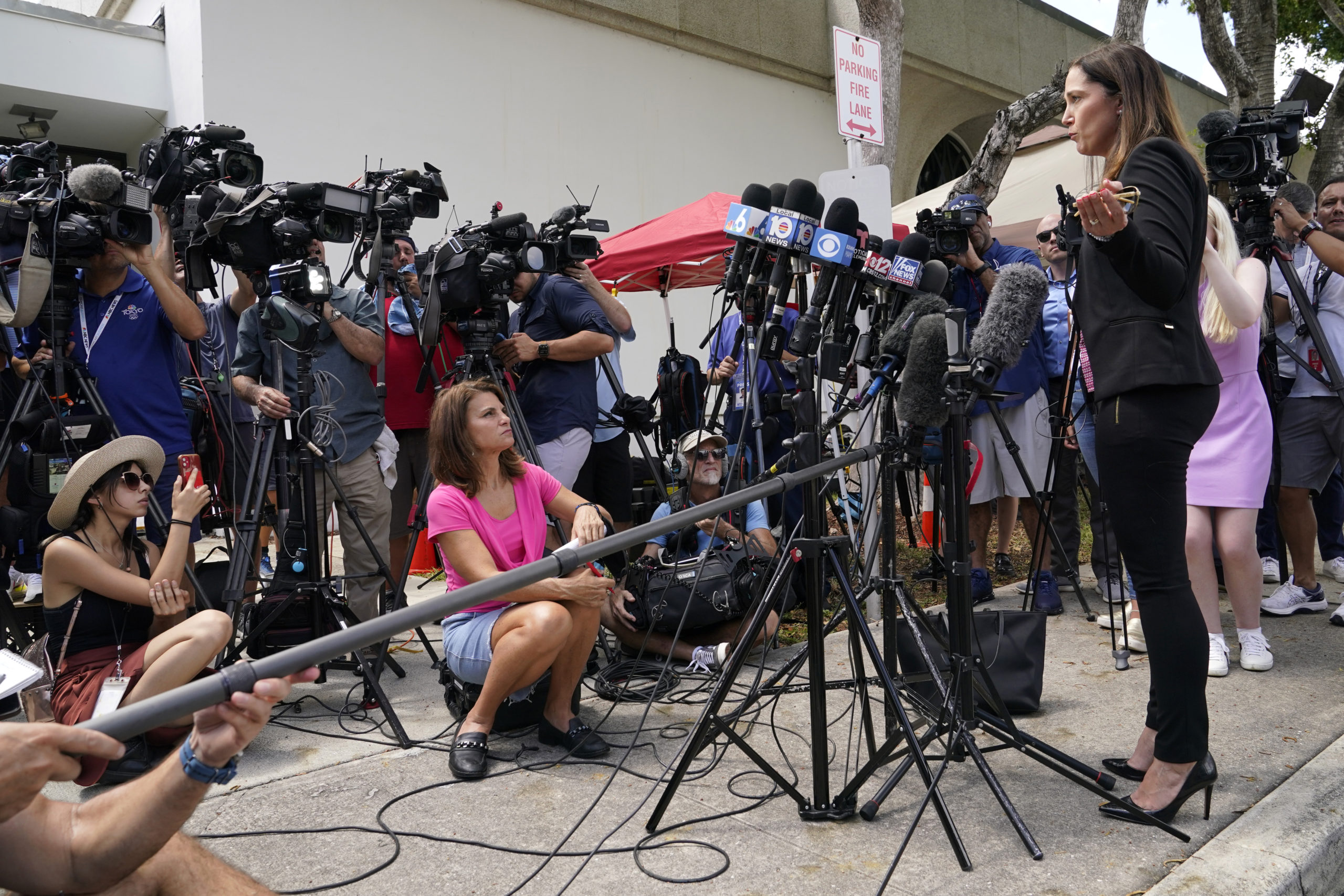Attorney Deanna Shullman, who represents the Wall Street Journal, talks with the news media outside of the Paul G. Rogers Federal Courthouse. Attorneys for media companies are presenting their case before a federal magistrate judge to make public the affidavit supporting the search warrant on Donald Trump's Mar-a-Lago estate
