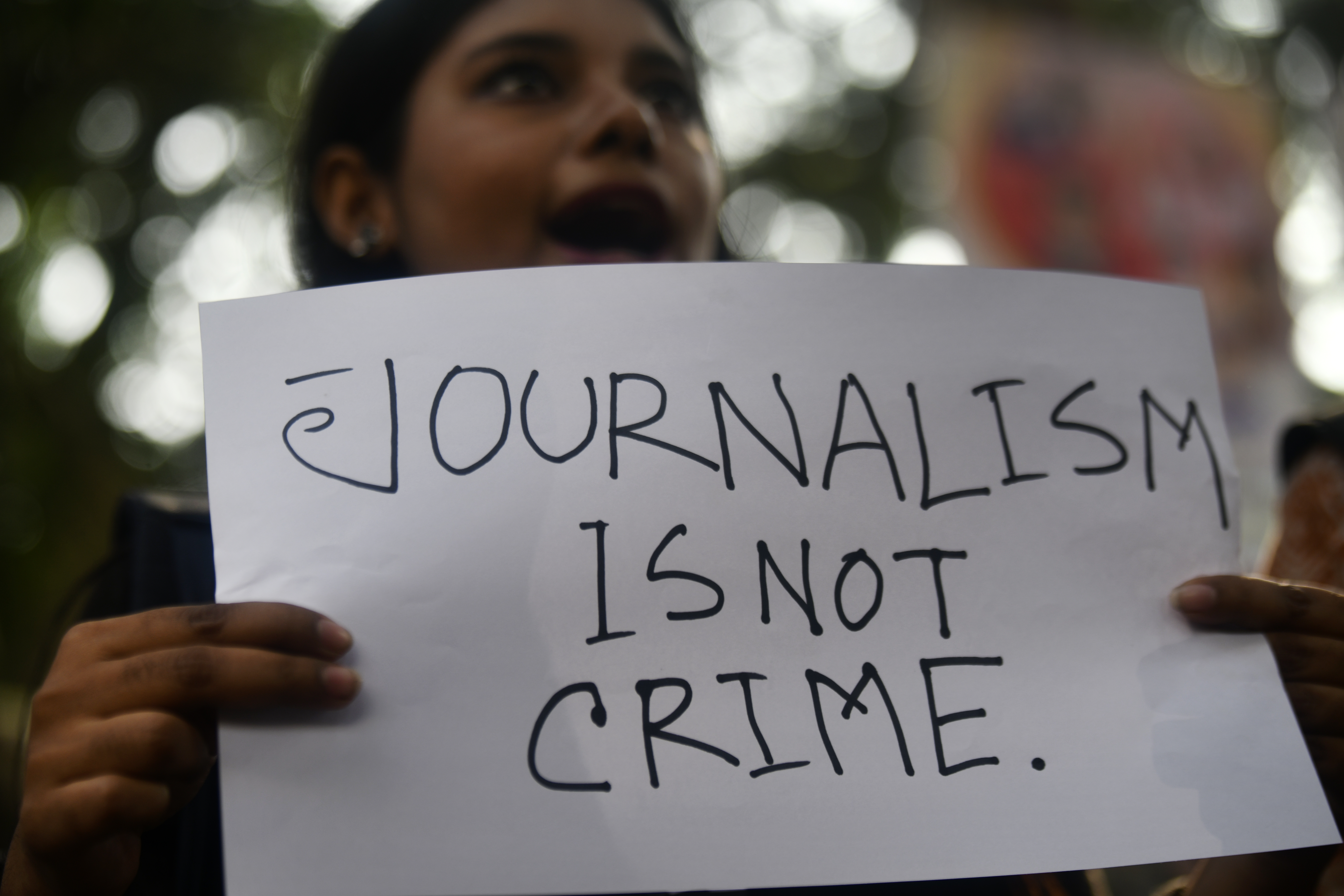 Bangladeshi journalists protest in front of press club as they demand press freedom in Dhaka, Bangladesh on December 5, 2022