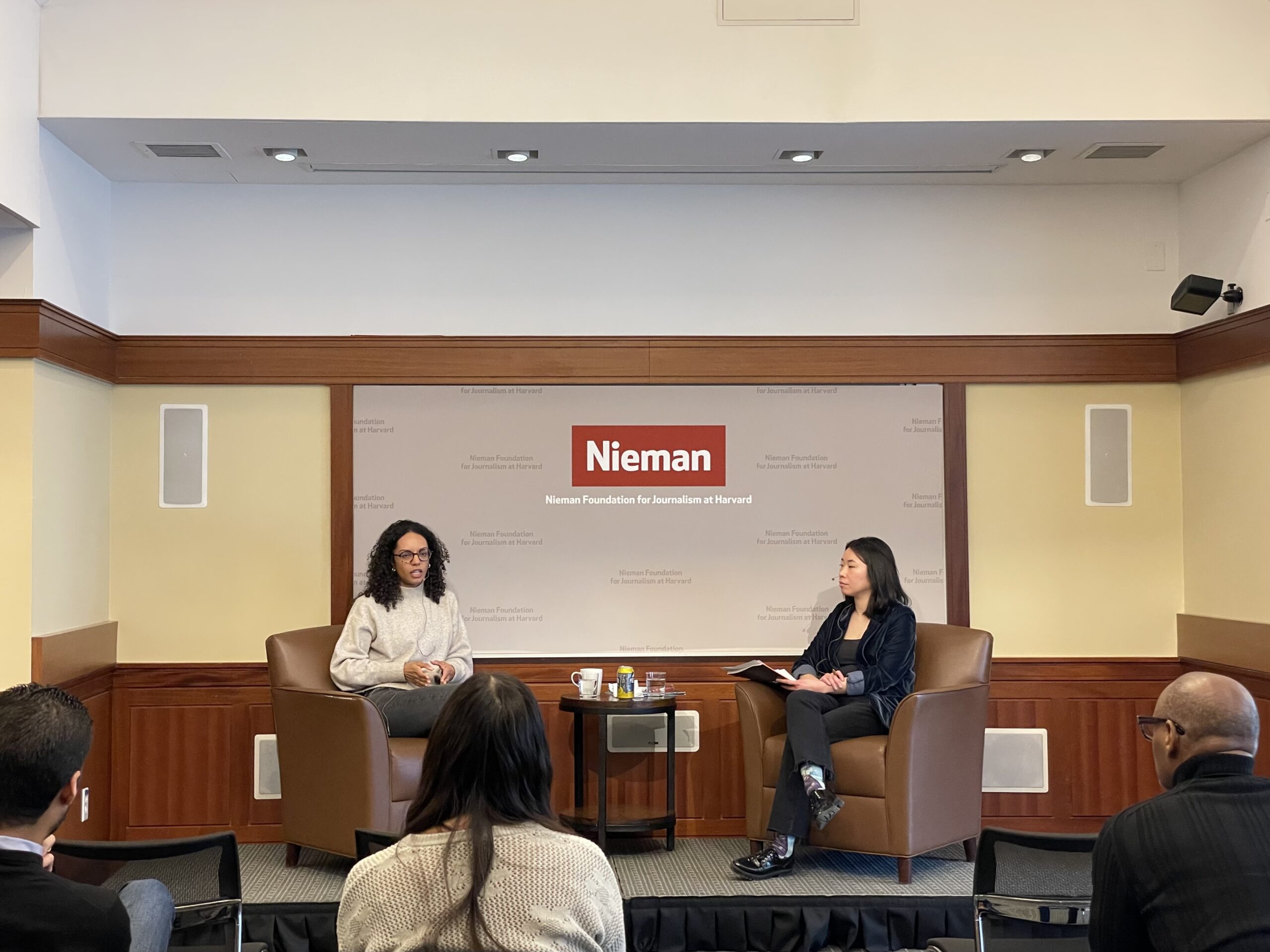 The Atlantic's Caitlin Dickerson (left) and Nieman Fellow Ruth Tam discussed how Dickerson crafted her 30,000-word piece on family separation 