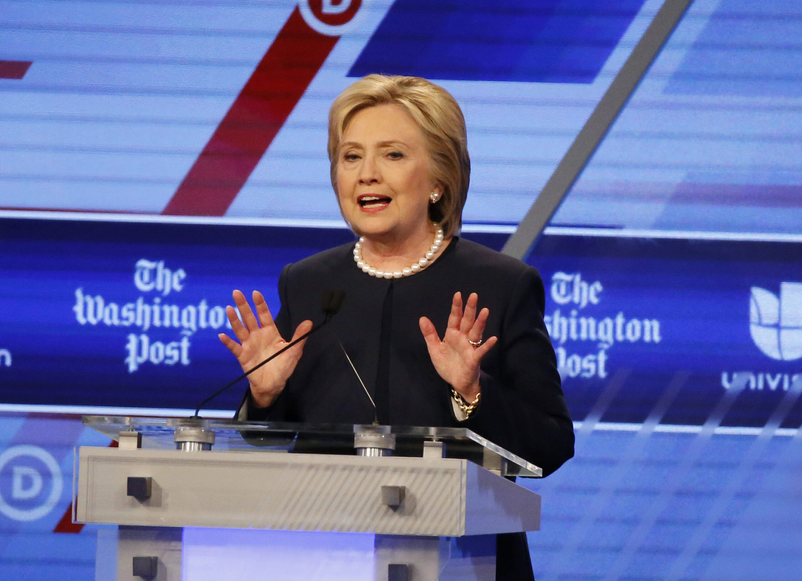 Democratic presidential candidate Hillary Clinton speaks during the Democratic presidential debate in Miami, March 2016