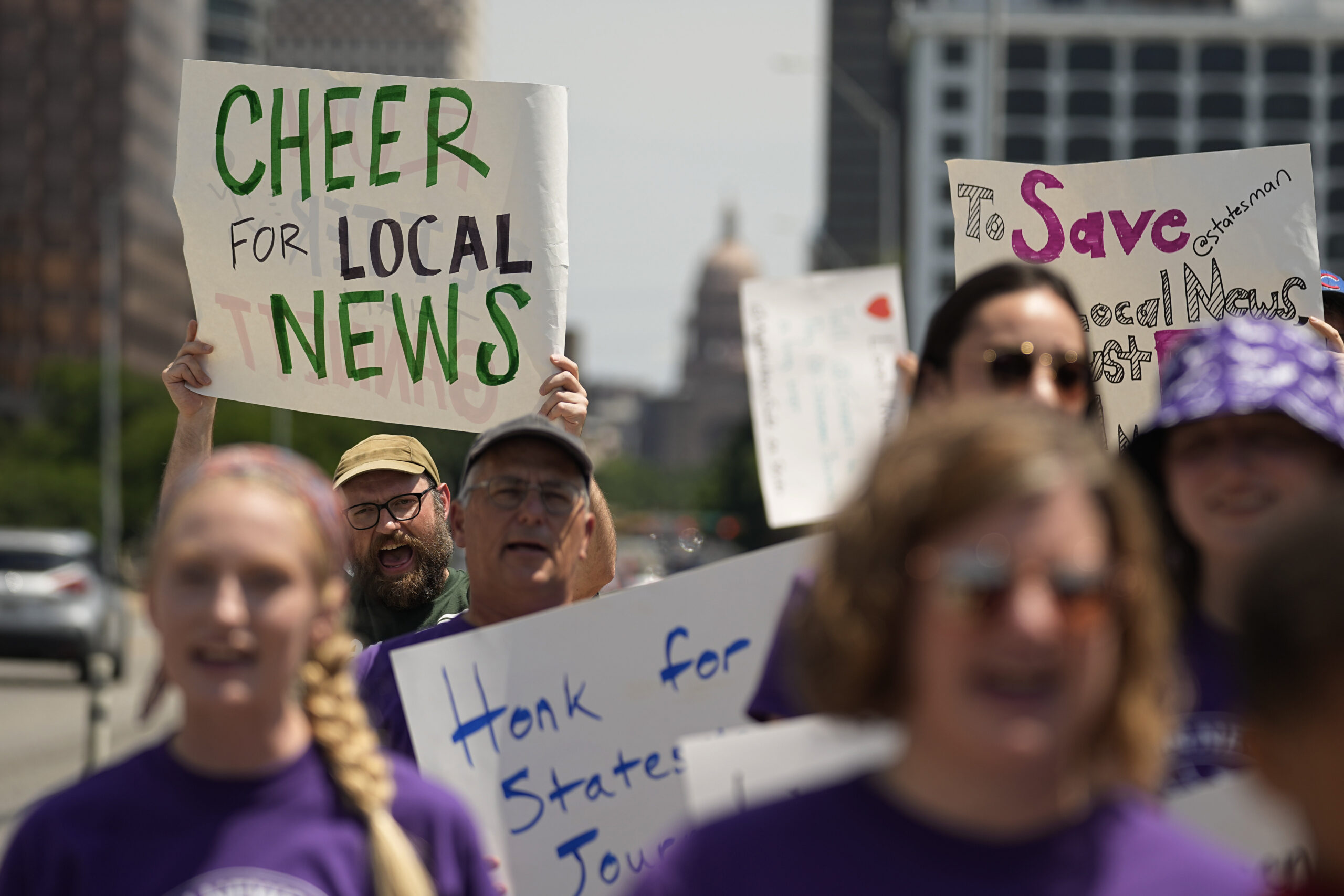 Editorial members of the Austin American-Statesman's protest the company's leadership and cost-cutting measures imposed since its 2019 merger with GateHouse Media, June 5, 2023