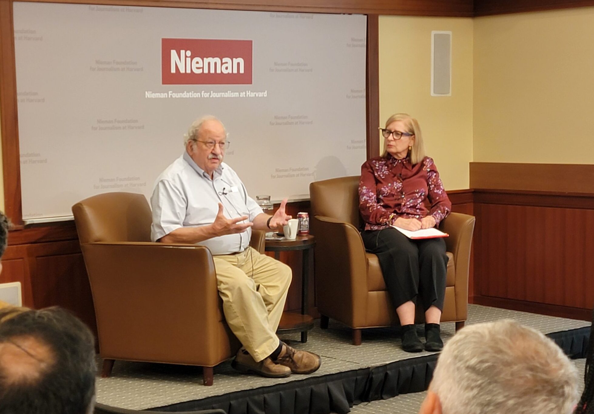 Harvard Kennedy School Marshall Ganz (left) and Nieman Foundation curator Ann Marie Lipinski spoke in conversation with Nieman Fellows in September