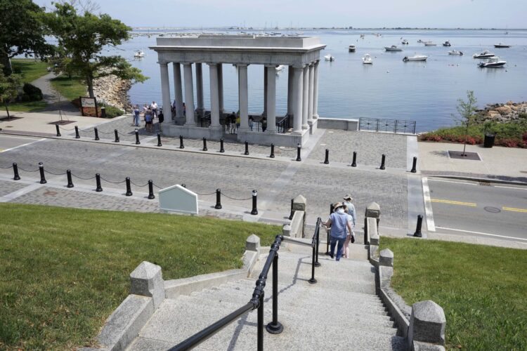 A view of the harbor and Plymouth Rock in Plymouth, Massachusetts