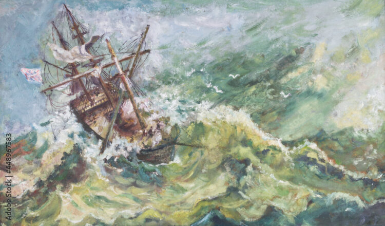 Old Vintage Nautical Coastal Landscape Oil Ship Painting By Madele
