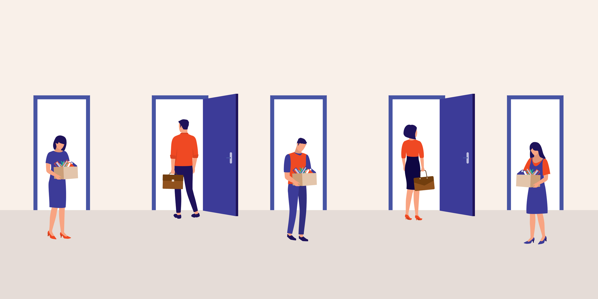 Employees Walking In And Out Of The Door, Some Were Leaving Their Job And Some Were Being Hired At The Same Time. Full Length, Isolated On Solid Color Background. Vector, Illustration, Flat Design, Character.