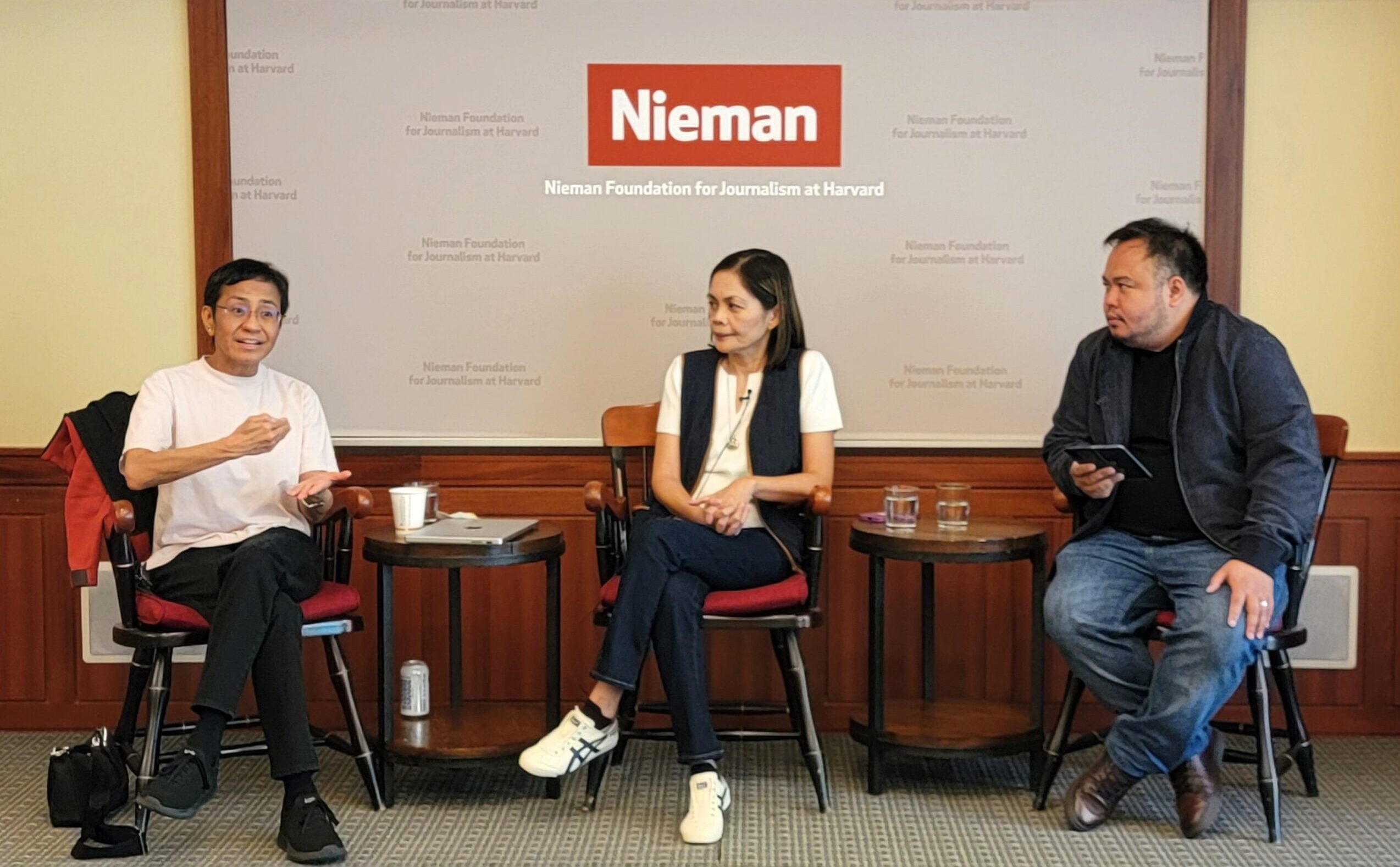 From left: Maria Ressa and Glenda M. Gloria, co-founders of the Philippine media outlet Rappler, spoke in conversation with Nieman fellows in May 2024. The moderator of the discussion was Jaemark Tordecilla.